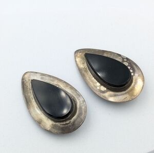 Vintage 925 sterling silver heavy Mexico clip on earrings black onyx